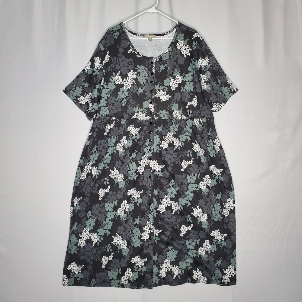 Woman Within Babydoll Midi Dress Petite 26/28WP Full Button Dark‎ Floral Witch